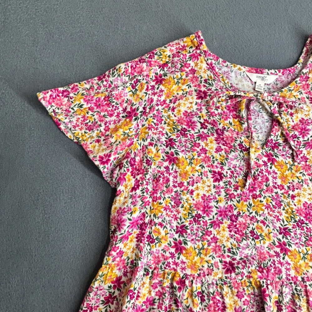 Terra & Sky Top Womens 1X Pink Floral Babydoll Tiered Cotton Short Sleeve Blouse - Picture 4 of 7